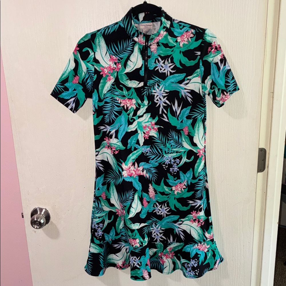 Tommy Bahama Black Teal Pink Tropical Quarter Zip Dress